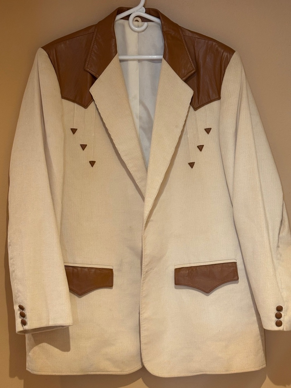 Vintage 1980 Pioneer Wear Western Blazer Cream Corduroy Leather Size 50